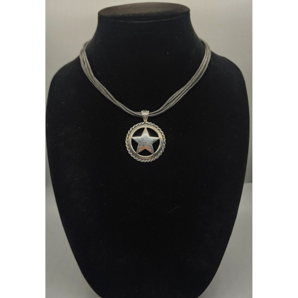 Silver Tone Star Pendant Choker Necklace Adjustable Black Cord Western